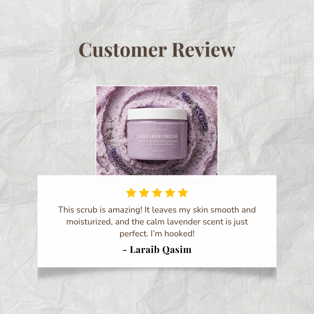 Customer review of lavender dream body scrub by Auraé Beauty. Best for ingrown hair.