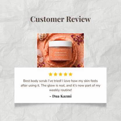 Customer review of organic glow getter body scrub by Auraé Beauty with text and rating. Best for naturally glowing skin. 
