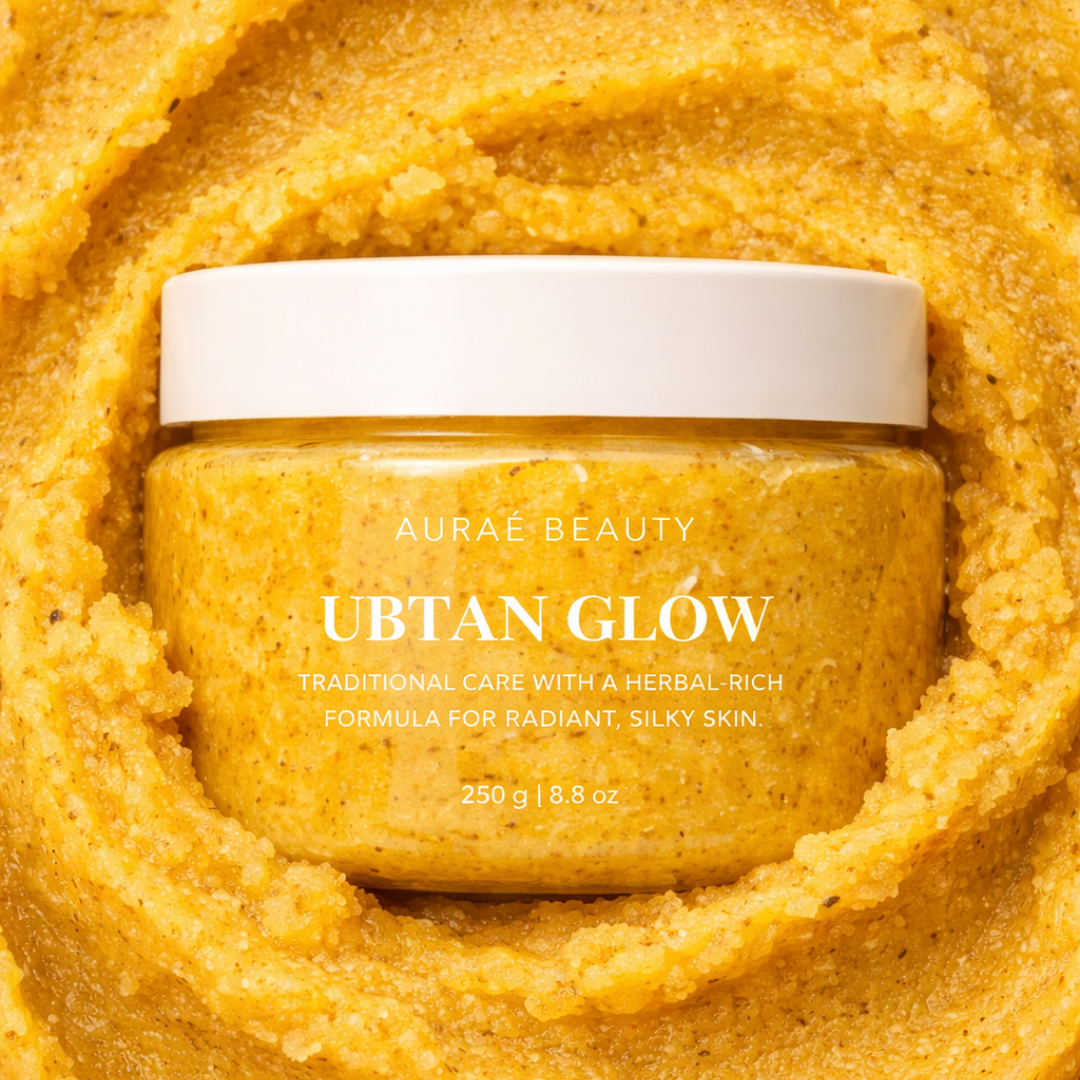 Auraé Beauty organci Ubtan Glow body scrub surrounded by the scrub to show the close up of the scrub's texture