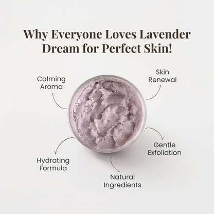 Benefits of lavender Dream body scrub by Auraé Beauty. 100% organic, chemical-free, no side effect. Best for pre-shave exfoliation, dull skin, rough patches, ingrown hair, acne and bumps.