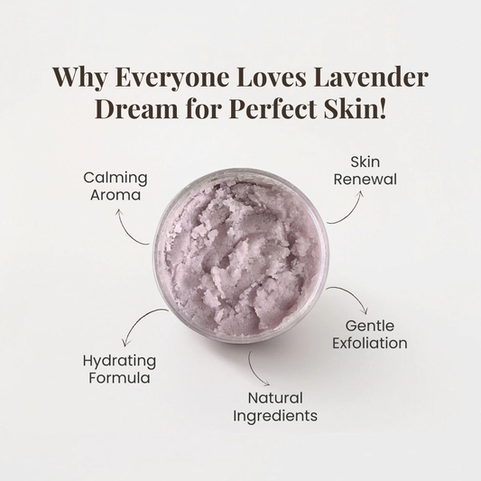 Benefits of lavender Dream body scrub by Auraé Beauty. 100% organic, chemical-free, no side effect. Best for pre-shave exfoliation, dull skin, rough patches, ingrown hair, acne and bumps.
