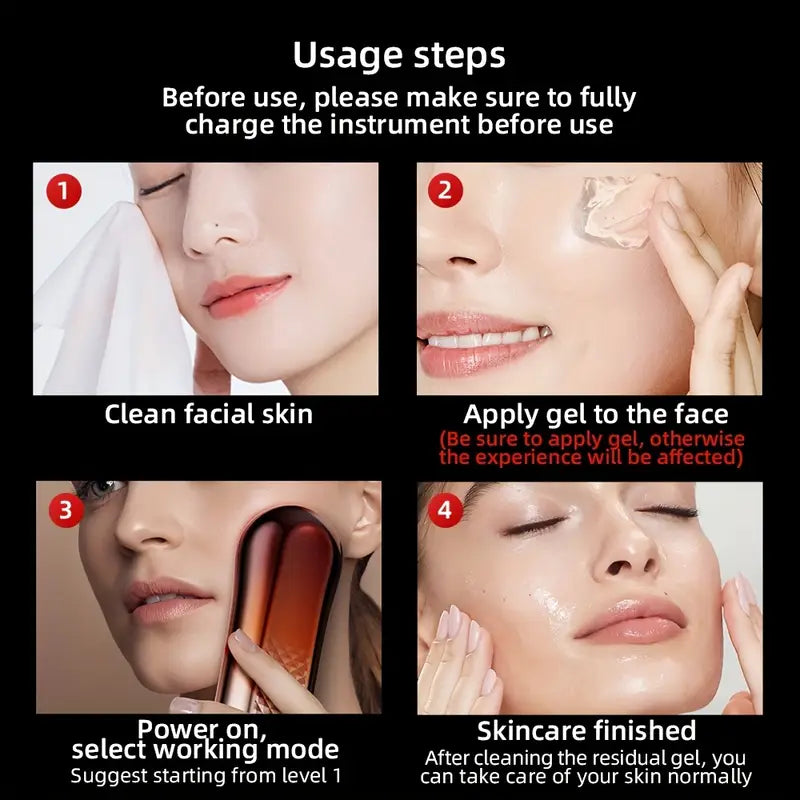 Step-by-step guide for using EMS skin tightening beauty device with images of a woman applying gel and using the device.