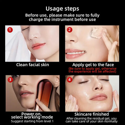 Step-by-step guide for using EMS skin tightening beauty device with images of a woman applying gel and using the device.