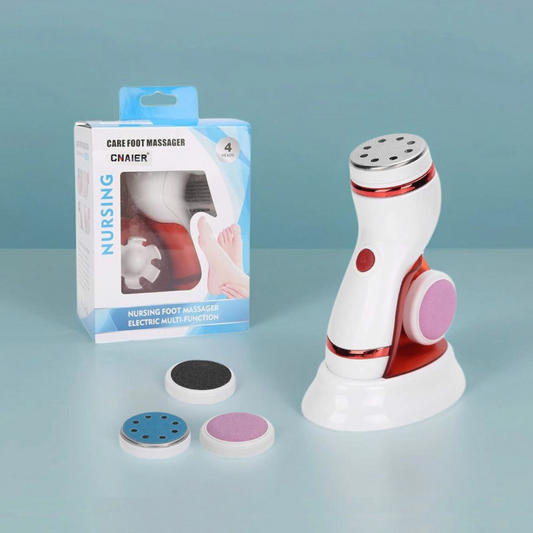 4 in 2 electric pedicure tool with different attachments, displayed alongside its packaging which highlights its features for dead skin and callus removal.