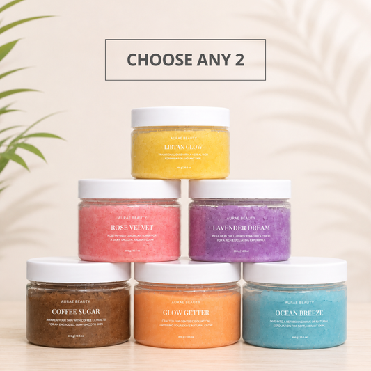 A set of 100% organic sugar body scrubs by Auraé Beauty that give visible results after using only once. Suitable for all skin types. It is chemical-free.