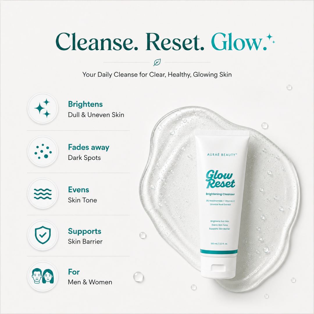 Glow Reset Brighening Cleanser by Auraé Beauty placed on a gel puddle. List of benefits Brightens dull & uneven skin, fades away dark spots, evens skin tone, supports skin barrier, and is for men & women.