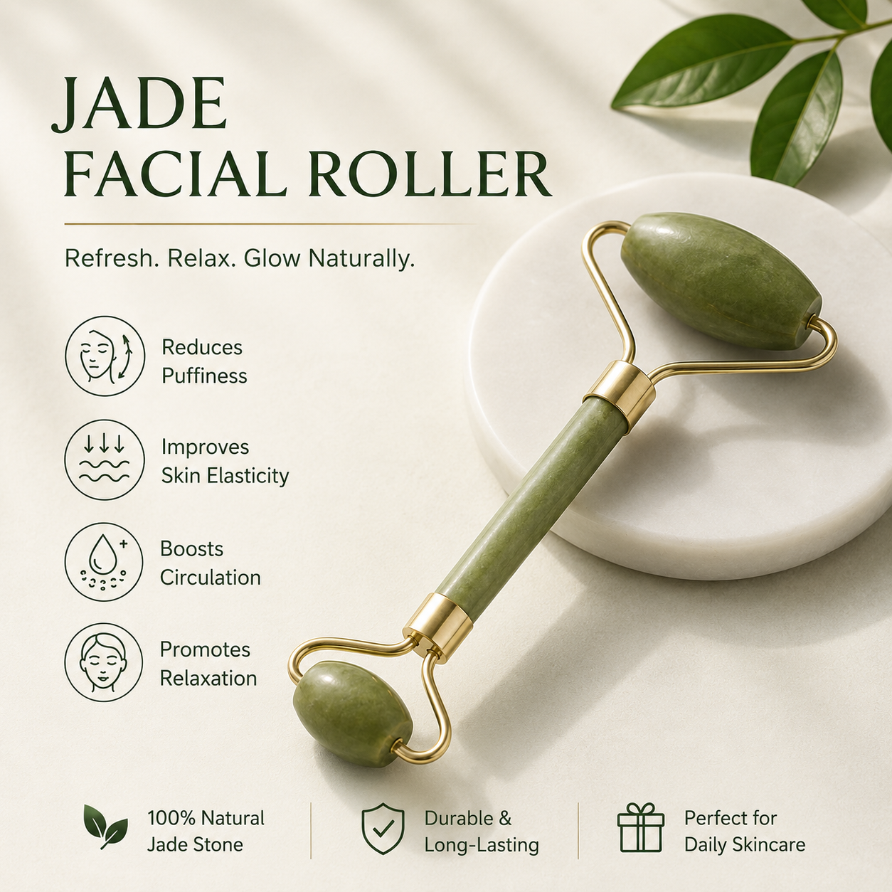 Jade roller by Auraé Beauty, made of 100% real jade stone, for enhancing natural glow.