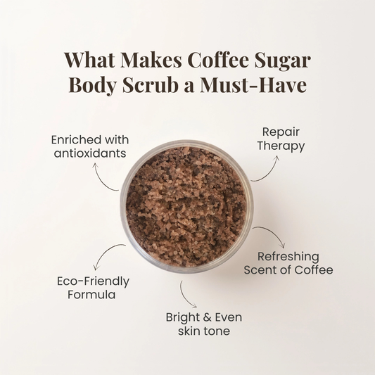Benefits of coffee sugar body scrub by Auraé Beauty. 100% organic, chemical-free, no side effect. Best for odor-free glow, stretch marks, dry & dull skin, rough patches, uneven skin tone.
