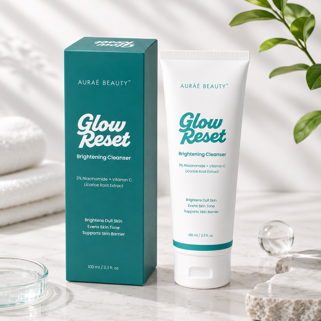 Glow Reset Brightening Cleanser by Auraé Beauty standing on a light stone slab. List of benefits Brightens dull & uneven skin, fades away dark spots, evens skin tone, supports skin barrier, and is for men & women.