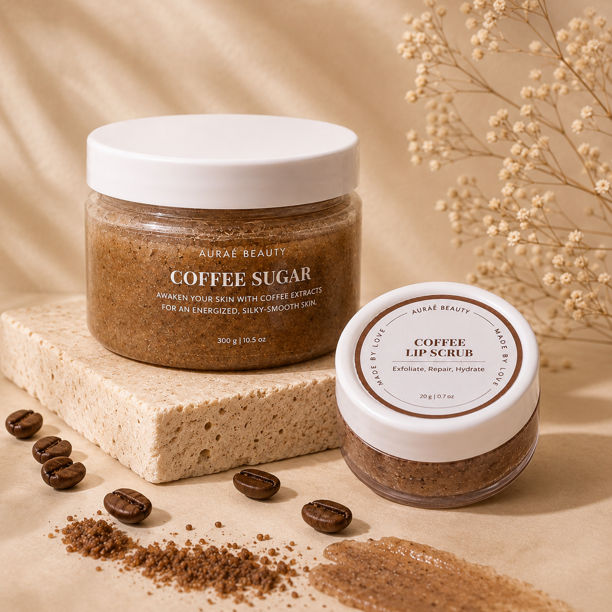 Coffee Glow Kit by Auraé Beauty that includes coffee sugar body scrub and coffee sugar lip scrub for soft, smooth skin and pink, hydrated lips.