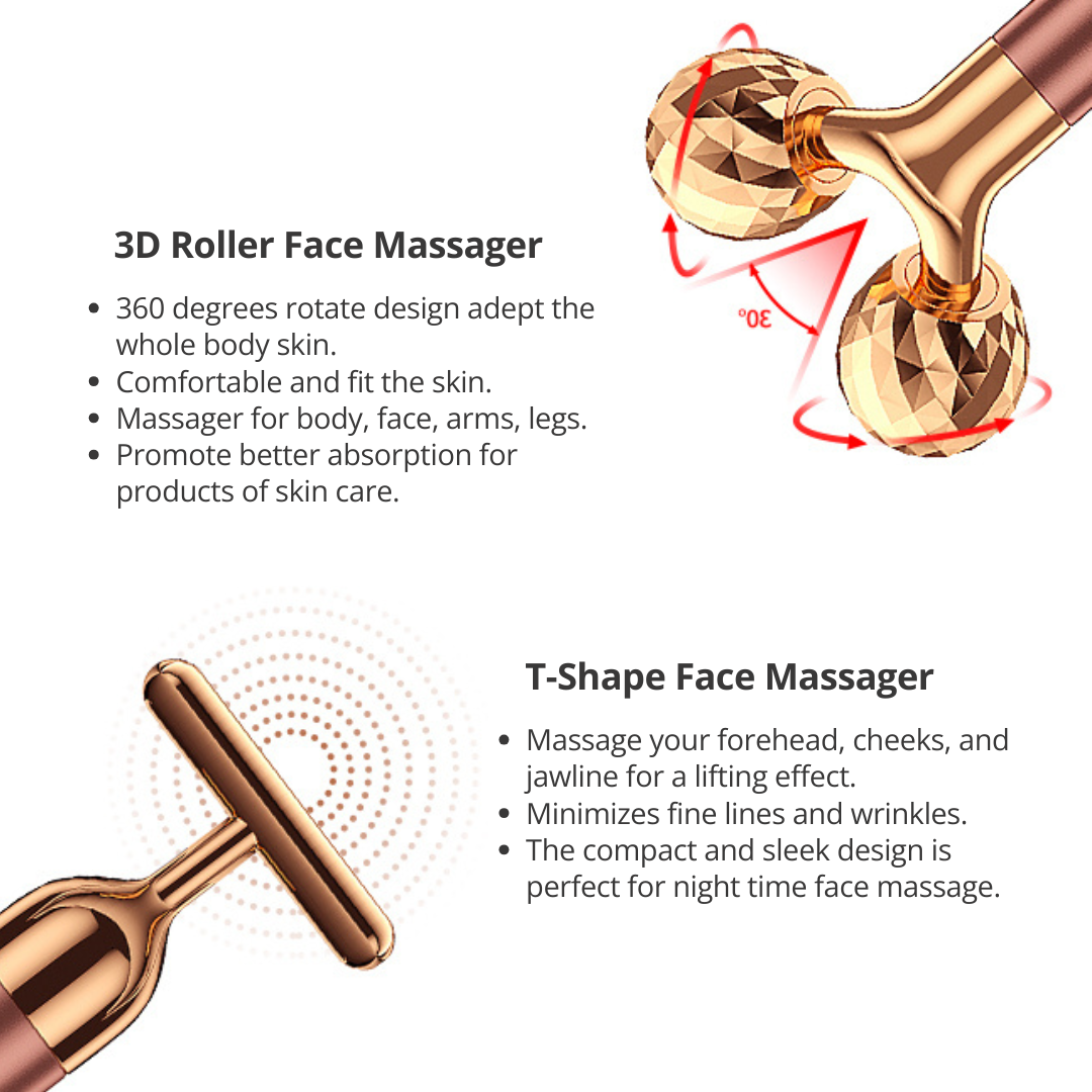 2 in 1 electric facial massager with a T-shape and a 3D roller by Auraé Beauty, in rose gold color, designed for face lifting and skin care.
