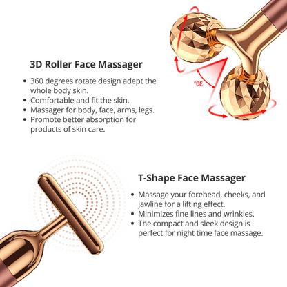 2 in 1 electric facial massager with a T-shape and a 3D roller by Auraé Beauty, in rose gold color, designed for face lifting and skin care.