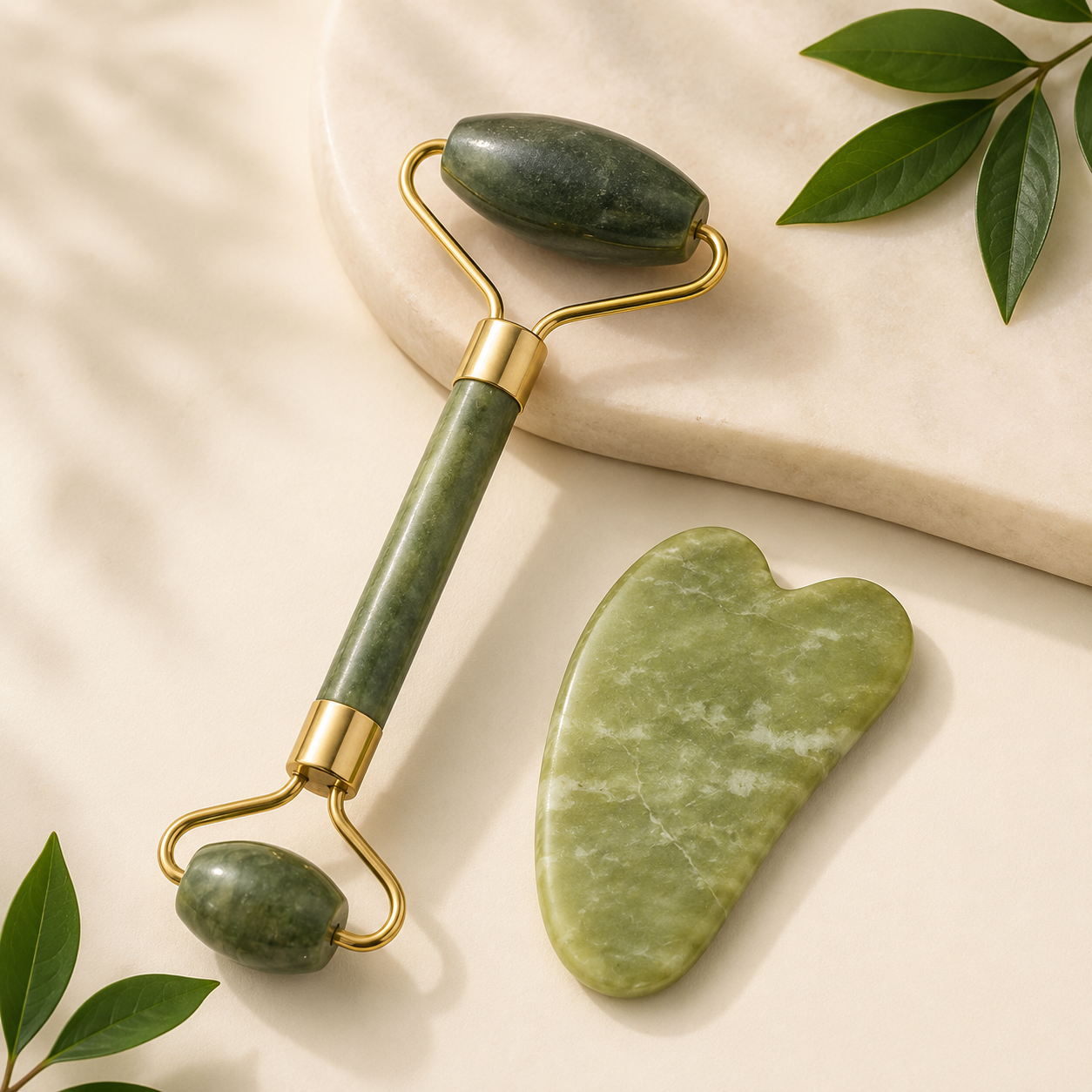 Jade roller & gua sha set by Auraé Beauty for healthy looking, glowing skin naturally. These are made of 100% real jade stone.