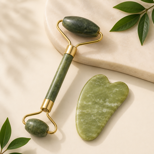 Jade roller & gua sha set by Auraé Beauty for healthy looking, glowing skin naturally. These are made of 100% real jade stone.