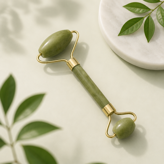 Jade roller by Auraé Beauty, made of 100% real jade stone, for healthy looking, glowing skin naturally.