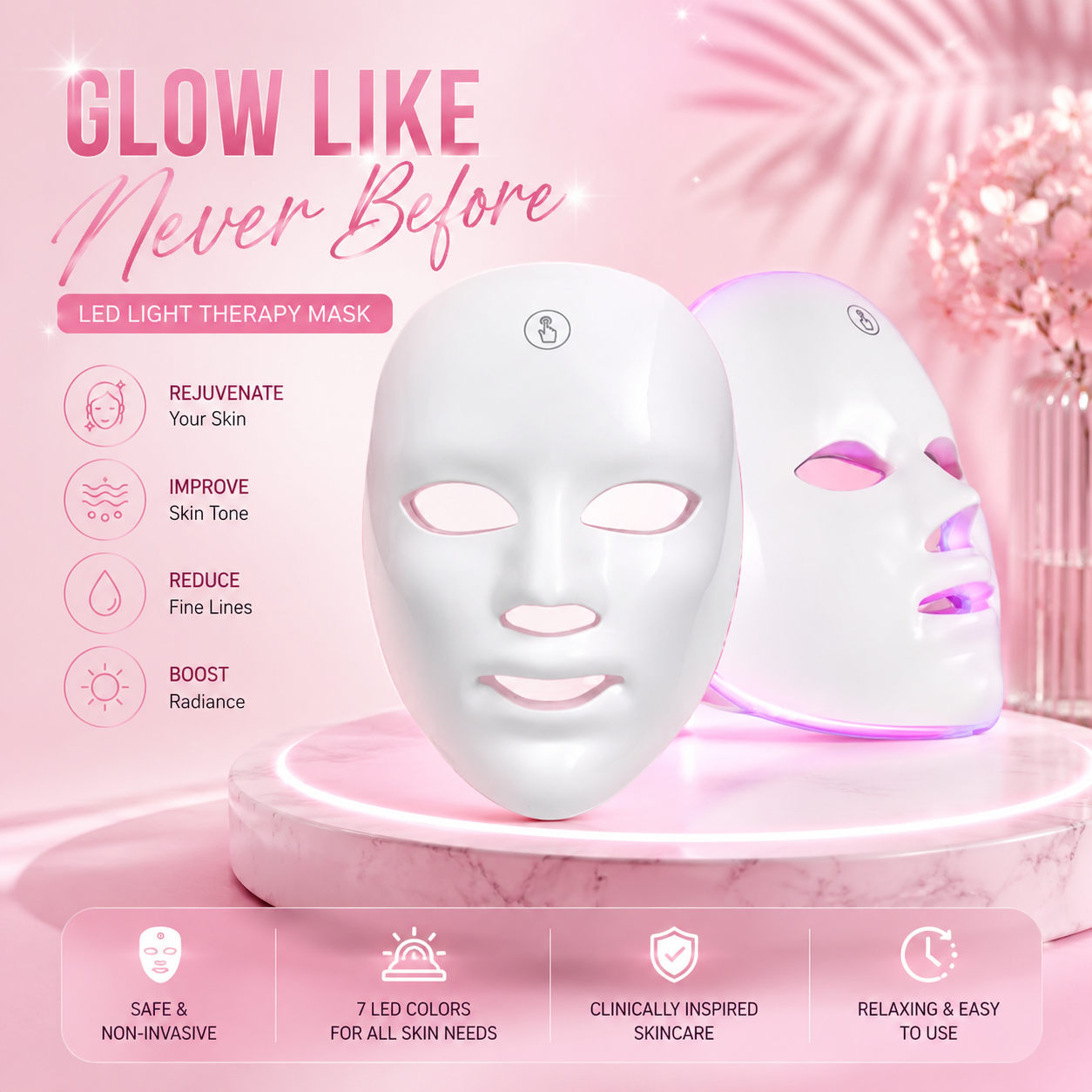 LED Light Therapy Facial Mask by Auraé Beauty, for anti-aging benefits, fine lines removal, collagen production and removal of pigmentation, wrinkles, acne etc.