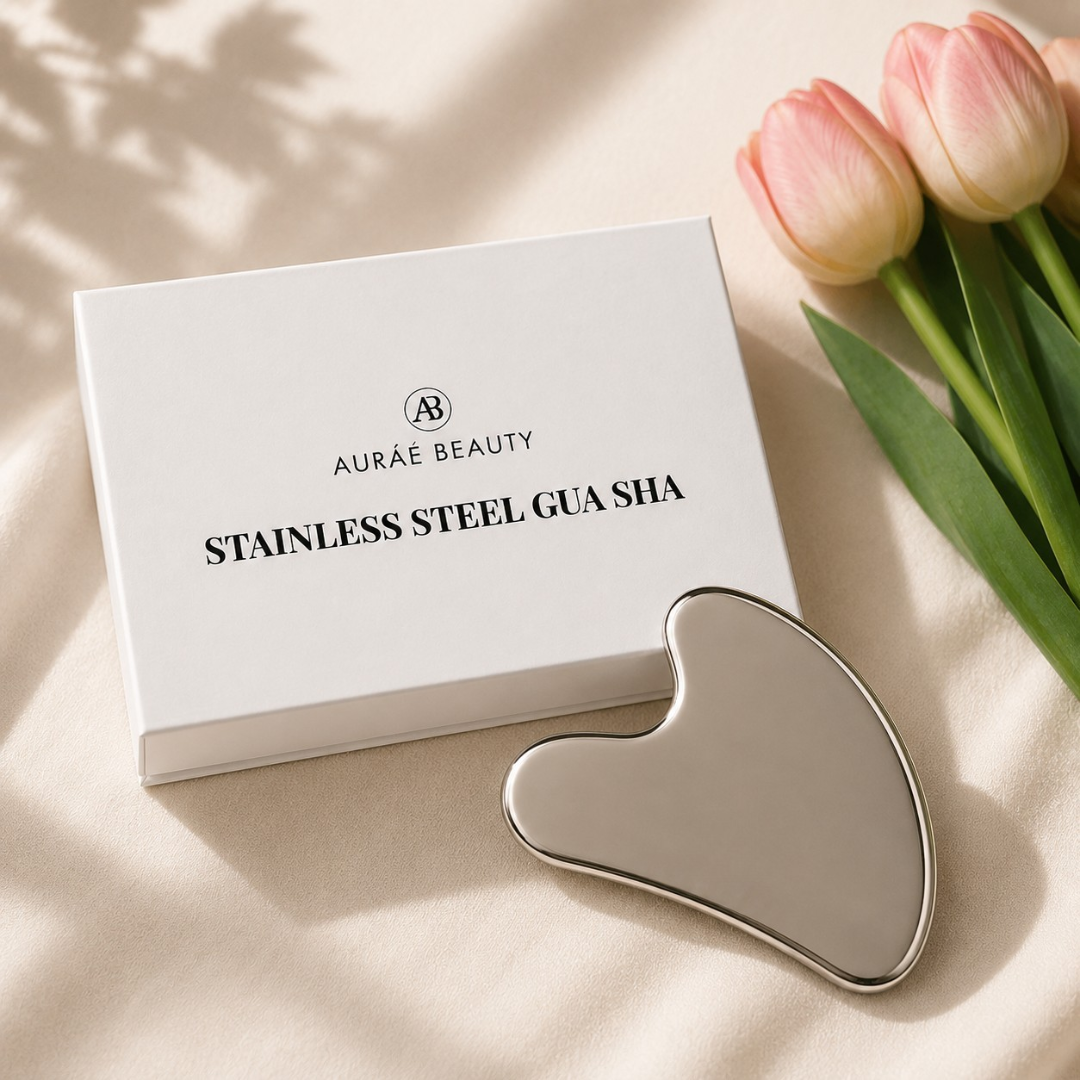 Stainless steel gua sha tool by Auraé Beauty for face lifting, better blood circulation, sculpted face and natural glow.