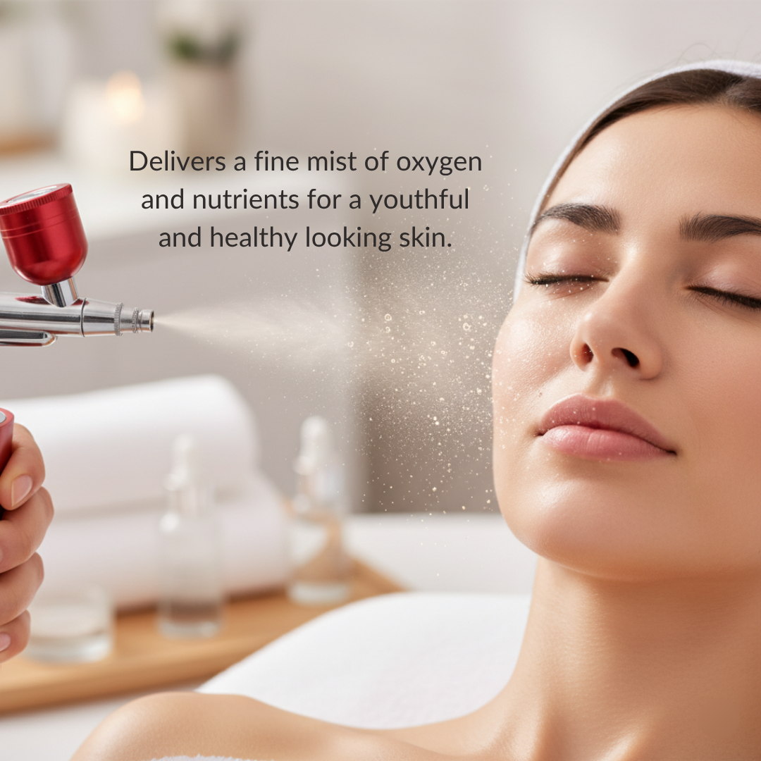Woman receiving facial treatment with a water oxygen device, surrounded by blurred spa elements.