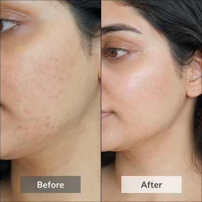 Before and after result of using stainless steel gua sha by Auraé Beauty.  A woman's face is shown in the picture with visible face lifting and skin improvement. 