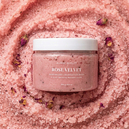 Rose Velvet Body Scrub by Auraé Beauty, made of 100% organic ingredients. Best for rosy glow and soft, smooth skin without harsh chemicals.