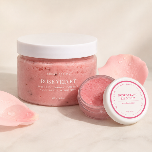 The Rose Velvet Ritual by Auraé Beauty that includes rose velvet lip scrub and body scrub for a smooth, pink natural glow naturally.