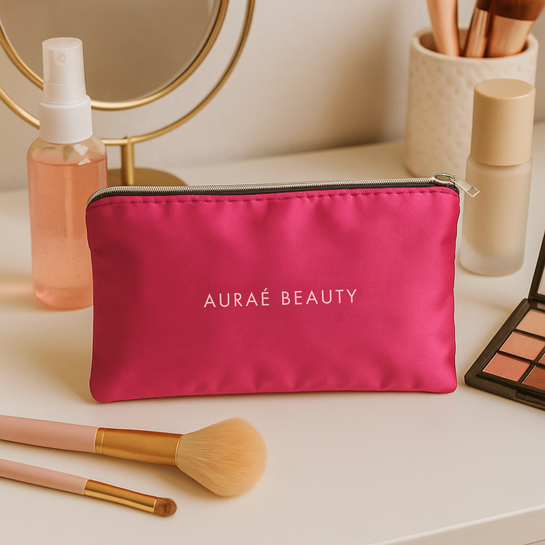 Pink makeup bag with 'Auraé Beauty' branding on a vanity table with makeup items.