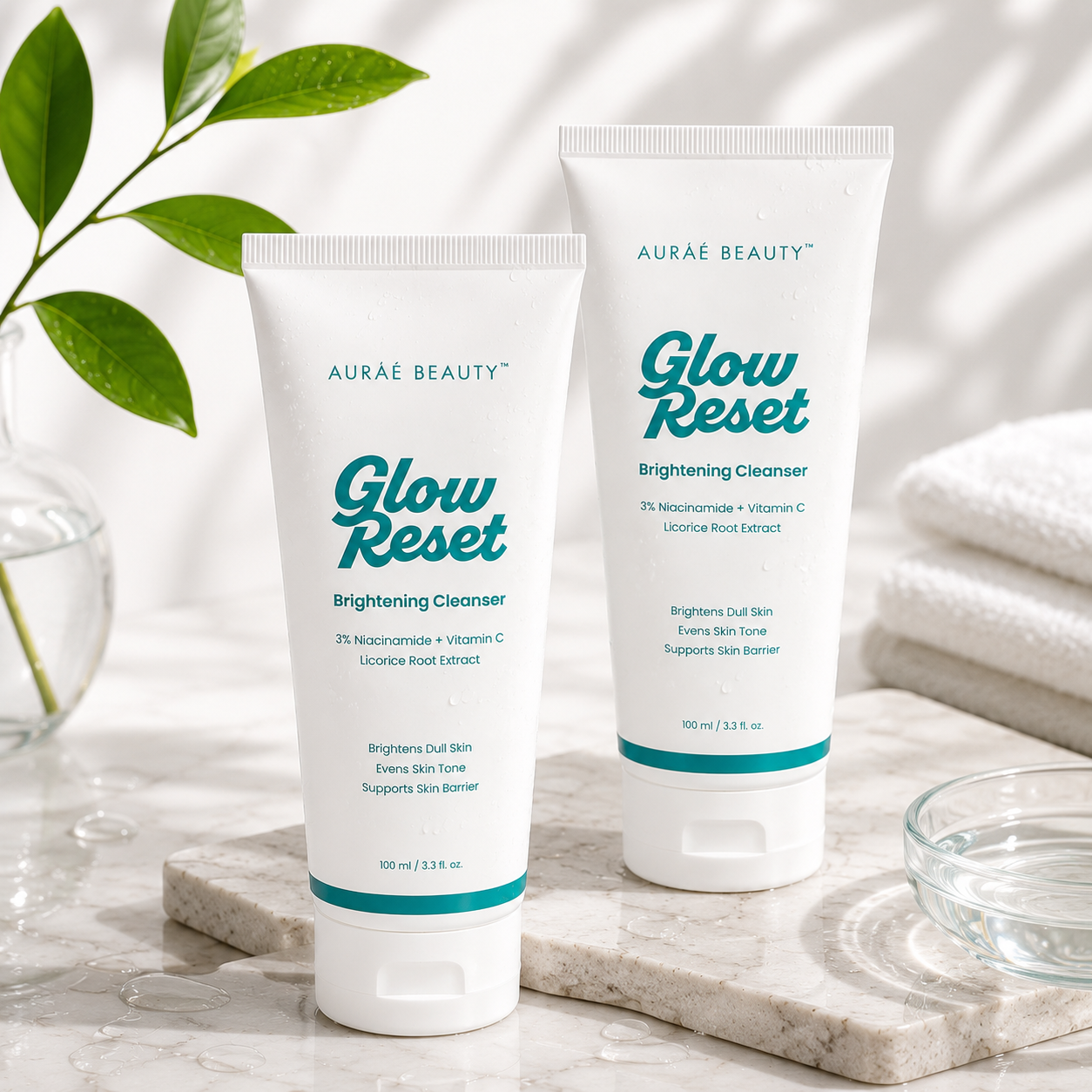 Two Glow Reset Brightening Cleanser by Auraé Beauty standing on a light stone slab. List of benefits Brightens dull & uneven skin, fades away dark spots, evens skin tone, supports skin barrier, and is for men & women.