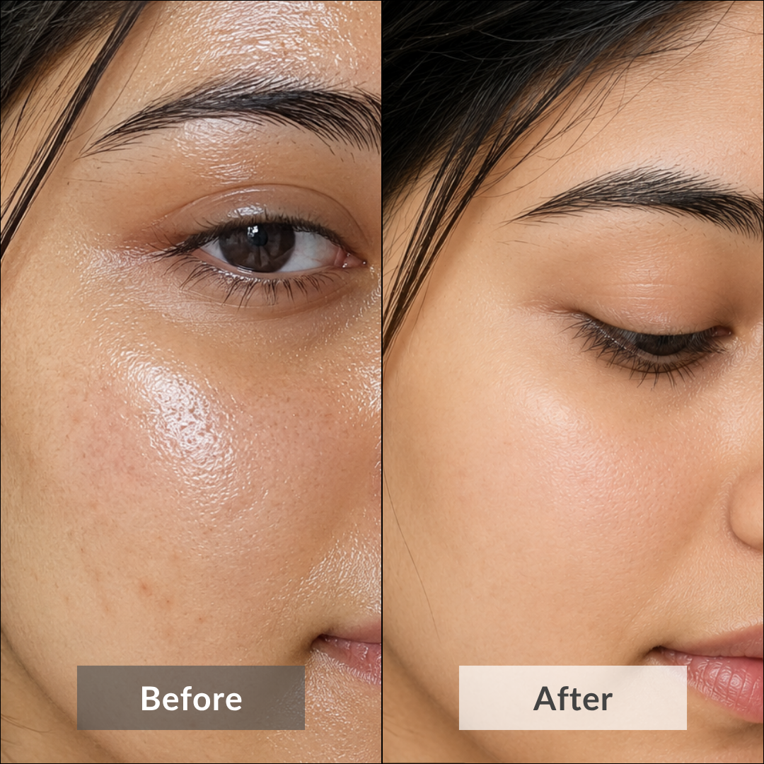 A women's face is shown in the picture with visible clear complexion and minimized pores as the result of using Ubtan Glow Face Mask by Auraé Beauty.