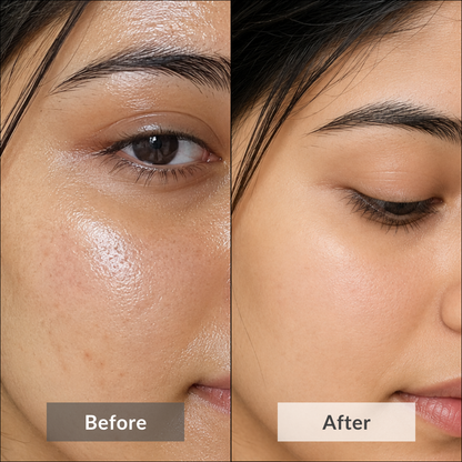 A women's face is shown in the picture with visible clear complexion and minimized pores as the result of using Ubtan Glow Face Mask by Auraé Beauty.