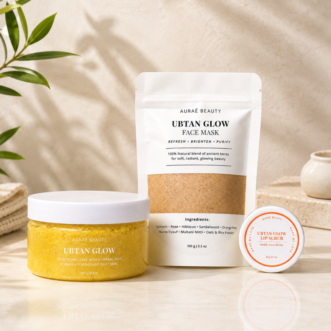Auraé Beauty Ubtan Glow Kit that includes a face mask, body scrub and lip scrub. All skincare products are made of 100% natural ingredients to enhance natural glow and give visible results.