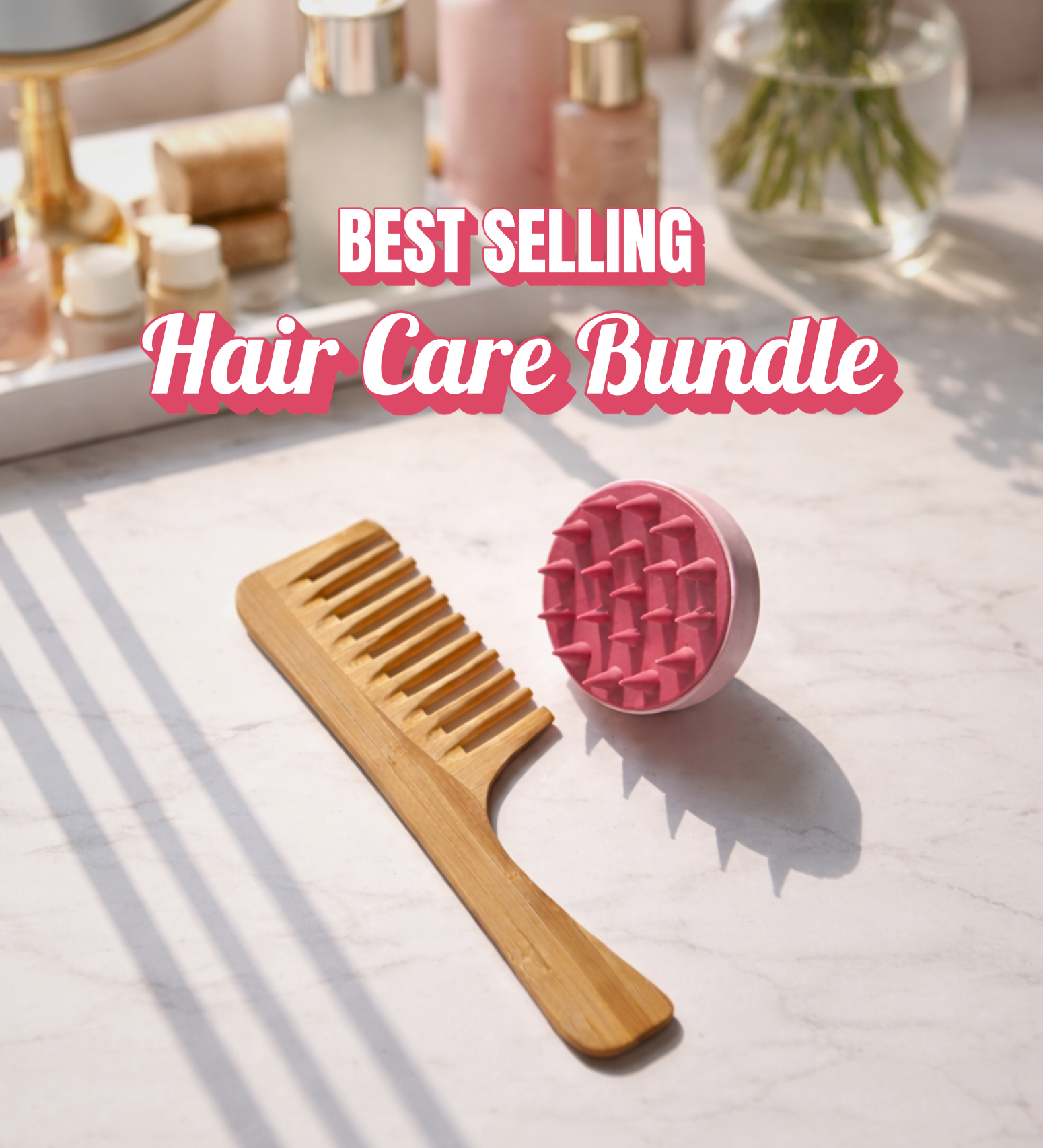 Hair care bundle by Auraé Beauty with premium wooden comb and a scalp massager for healthy hair.