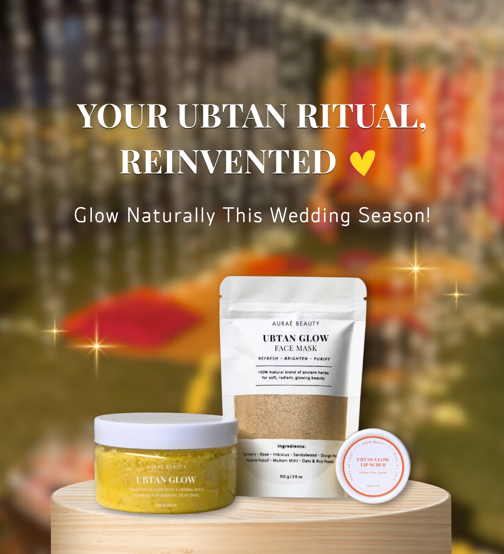 Mobile website banner of ubtan glow kit by Auraé Beauty with text 'Your Ubtan Ritual, Reinvented' on a festive background