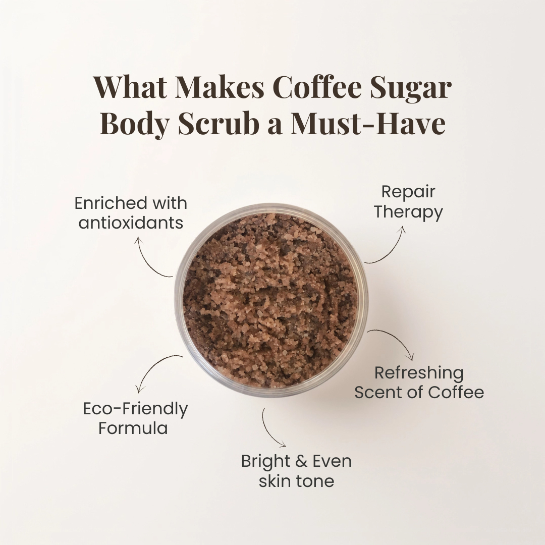 Benefits of coffee sugar body scrub by Auraé Beauty. 100% organic, chemical-free, no side effect. Best for odor-free glow, stretch marks, dry & dull skin, rough patches, uneven skin tone.
