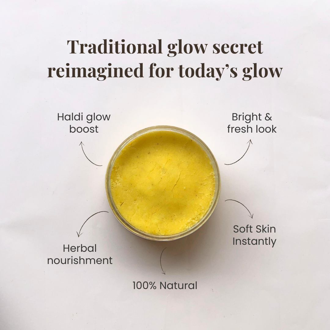 Benefits of Herbal rich formula of ubtan glow body scrub by Auraé Beauty. 100% organic, chemical-free, no side effect. Best for tan removal, smooth and soft skin.