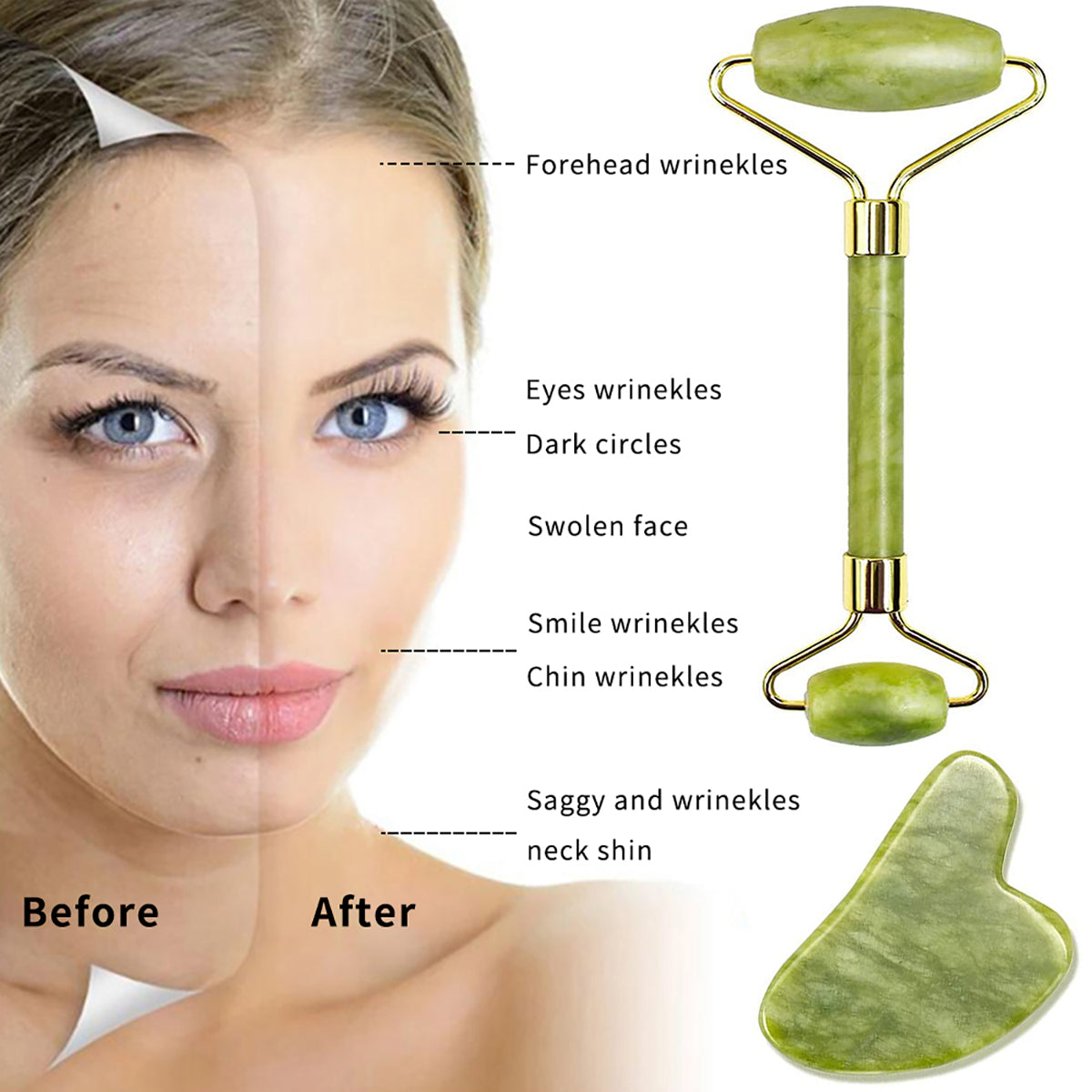 Before and after benefits of using the jade roller and gua sha on the face