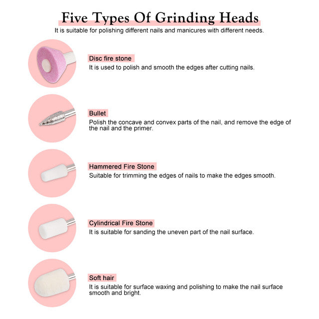 Display of 5 heads of 5 in 1 electric nail buffing kit for nail care