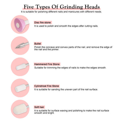 Display of 5 heads of 5 in 1 electric nail buffing kit for nail care
