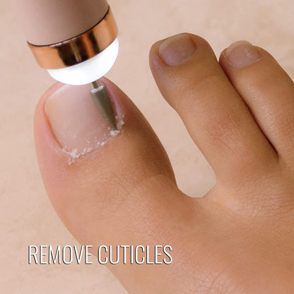 Close up of nail cuticle being removed by 5 in 1 electric nail buffing kit